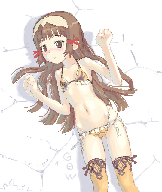 tougetsu gou, re mii, zoids, zoids genesis, 00s, bikini, brown eyes, brown hair, flat chest, loli, navel, oekaki, solo, swimsuit, thighhighs