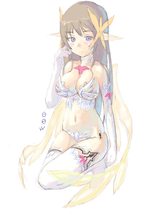 tougetsu gou, original, 1girl, blush, bra, brown hair, bustier, collar, elbow gloves, expressionless, female focus, full body, gloves, hair ornament, hand on own face, kneeling, long hair, navel, panties, pointy ears, simple background, solo, thighhighs, underwear, underwear only, very long hair, white gloves, white thighhighs, wings