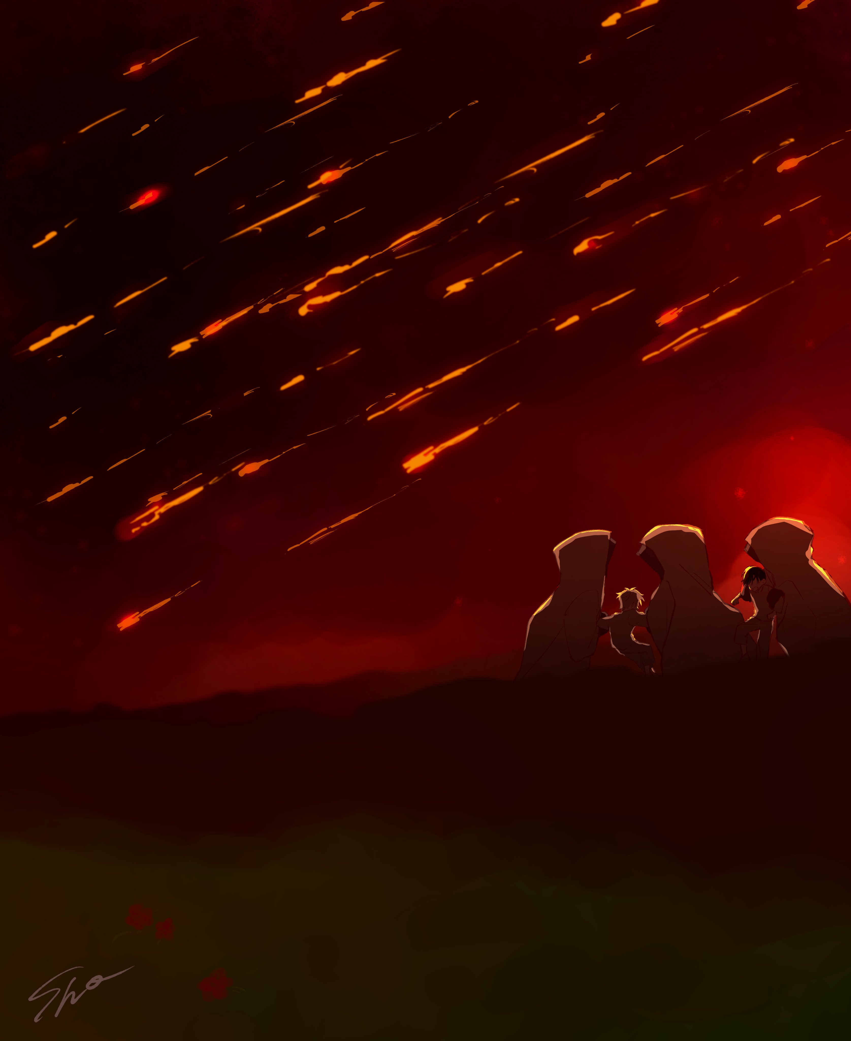 sho (shoootaya), ivan (alien stage), till (alien stage), alien stage, absurdres, commentary request, highres, 2boys, 3others, flower, grass, holding back, hood, hood up, meteor shower, multiple boys, multiple others, red flower, red sky, signature, sky