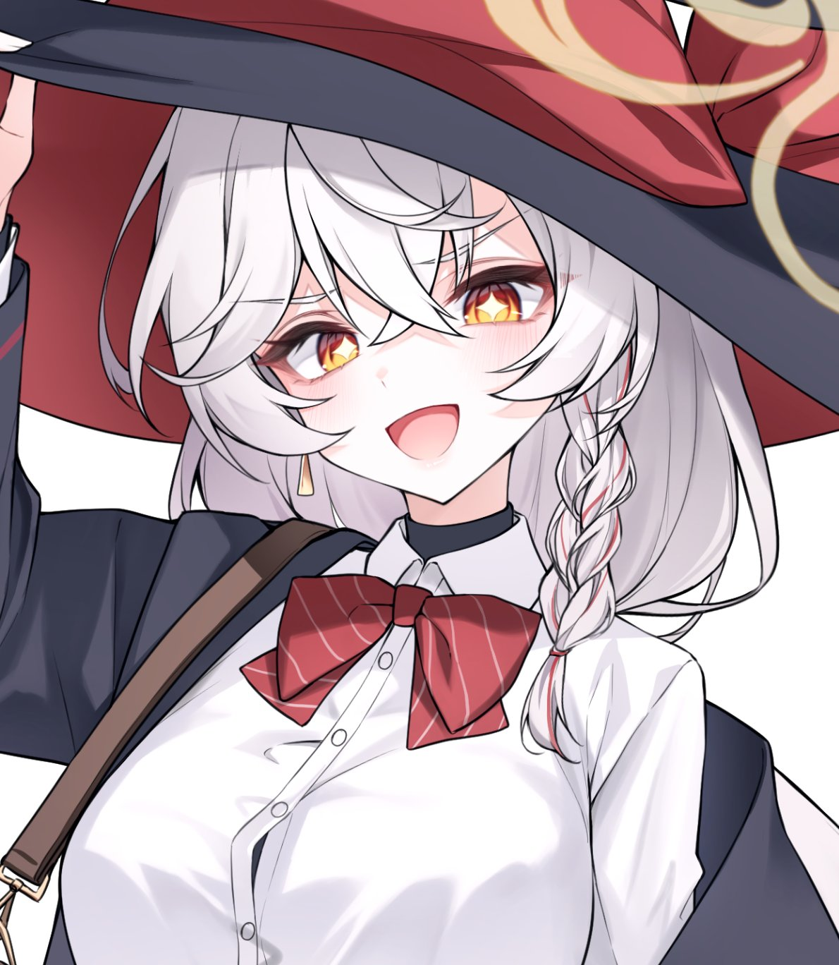 eri (blue archive), blue archive, bow, bowtie, braid, earrings, halo, hat, head tilt, jacket, jewelry, long coat, long hair, orange eyes, panties, shirt, skirt, sparkling eyes, strap, sweater, underwear, upper body, white hair, witch hat