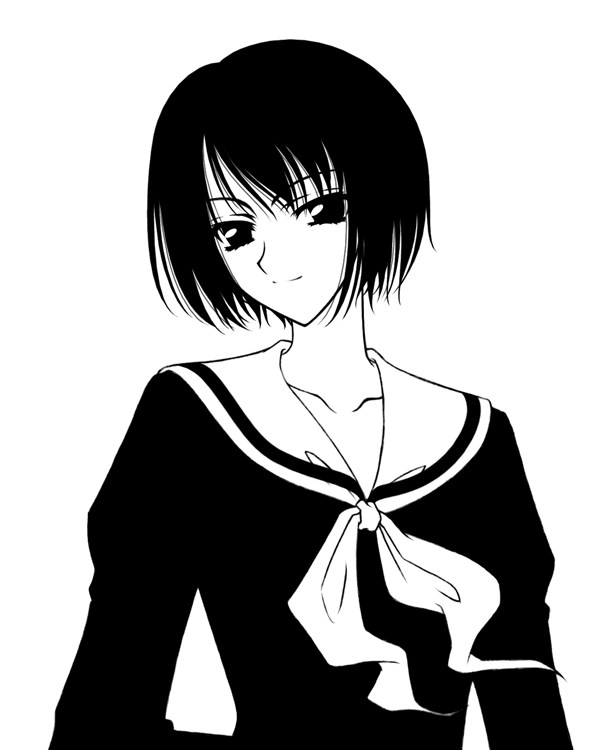 kanina shizuka, maria-sama ga miteru, 00s, 1girl, collarbone, female focus, greyscale, lineart, long sleeves, monochrome, short hair, simple background, smile, solo, upper body, white background