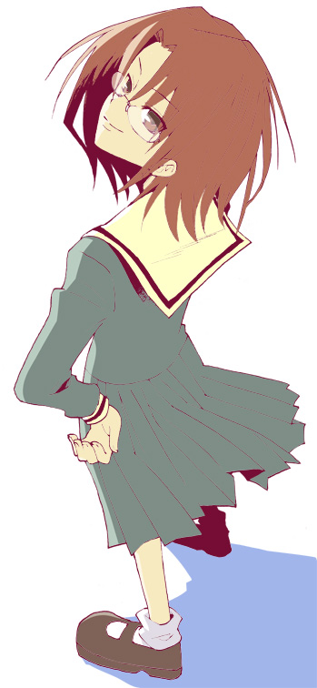 takeshima tsutako, maria-sama ga miteru, bad perspective, 00s, 1girl, brown eyes, brown hair, female focus, flat color, full body, glasses, grin, hands on own hips, looking back, poorly drawn, school uniform, serafuku, shoes, short hair, simple background, smile, socks, solo, standing