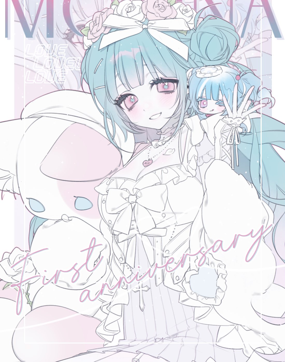 highres, 2girls, blunt bangs, blush, bluv d, bow, breasts, double bun, dress, flower, hair bun, hair ornament, heart, jewelry, long hair, multiple girls, necklace, rose, smile, thighhighs