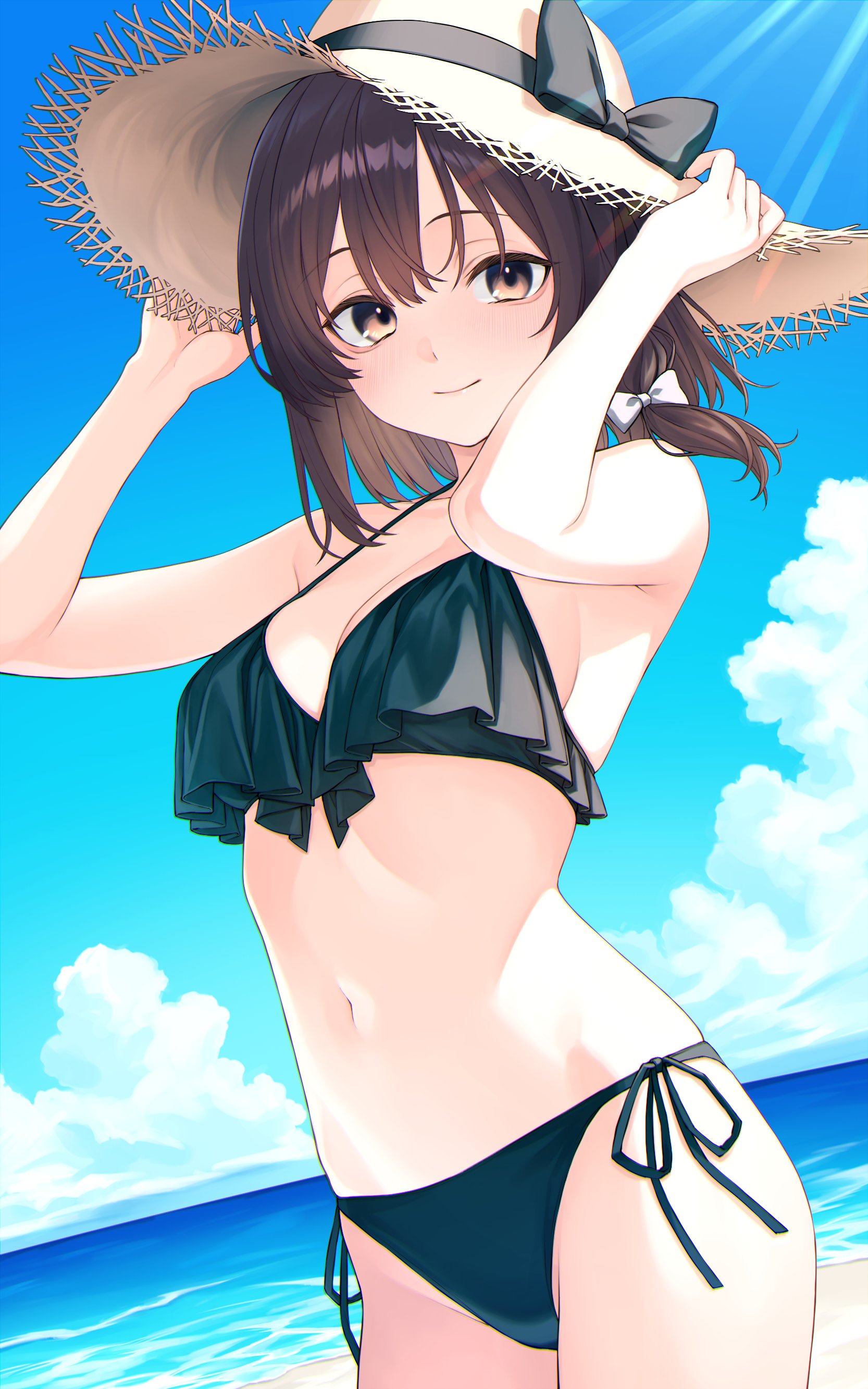nameko houshi, original, absurdres, highres, 1girl, bare arms, bare shoulders, beach, bikini, black bikini, black bow, black hair, blue sky, bow, breasts, brown eyes, cleavage, cloud, hair bow, hands up, hat, hat bow, light rays, looking at viewer, medium breasts, medium hair, navel, ocean, sand, sky, solo, straw hat, string bikini, sun hat, sunlight, swimsuit, water, white bow