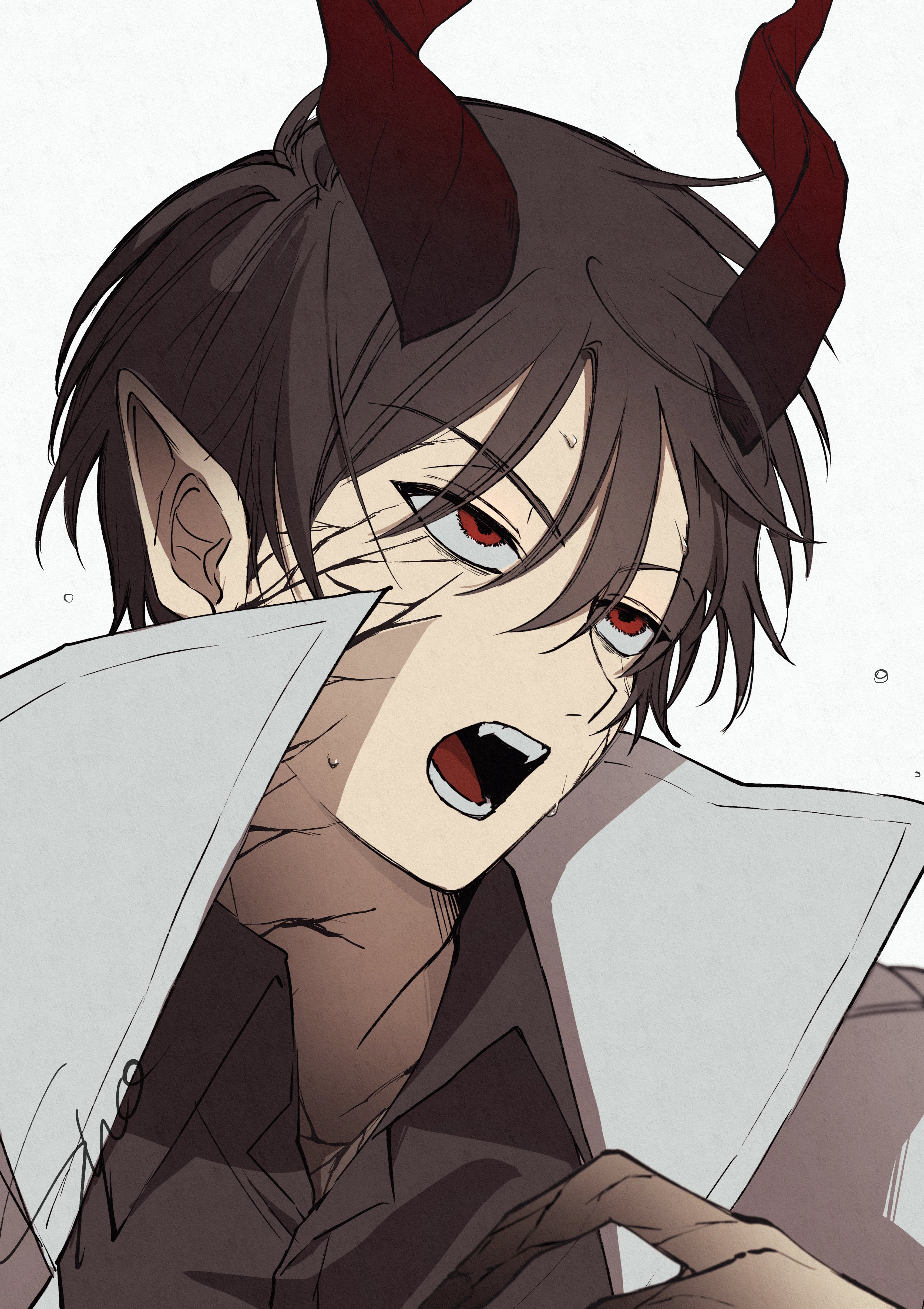 sho (shoootaya), kim dokja, omniscient reader's viewpoint, absurdres, commentary request, highres, partial commentary, 1boy, black hair, black shirt, body markings, coat, collared shirt, demon horns, horns, male focus, open mouth, pointy ears, portrait, red eyes, red horns, shirt, short hair, signature, solo, white coat