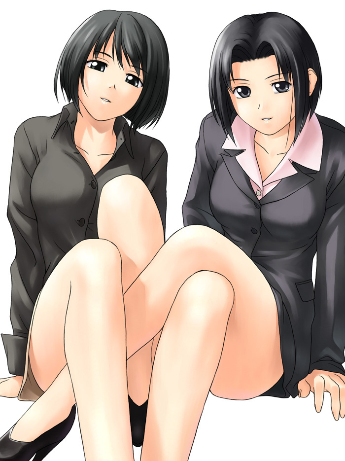 tanaka shoutarou, kanina shizuka, mizuno youko, maria-sama ga miteru, 00s, 2girls, black eyes, black hair, black shirt, blouse, breasts, crossed legs, female focus, formal clothes, large breasts, multiple girls, pencil skirt, pink shirt, shirt, shoes, short hair, sitting, skirt, skirt suit, suit
