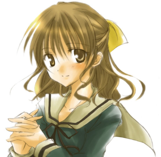 naitou shouko, maria-sama ga miteru, 00s, 1girl, blonde hair, blush, brown eyes, collarbone, female focus, floating hair, hair ribbon, long hair, looking at viewer, own hands clasped, own hands together, ribbon, school uniform, serafuku, shouko, simple background, smile, solo, upper body, wavy hair