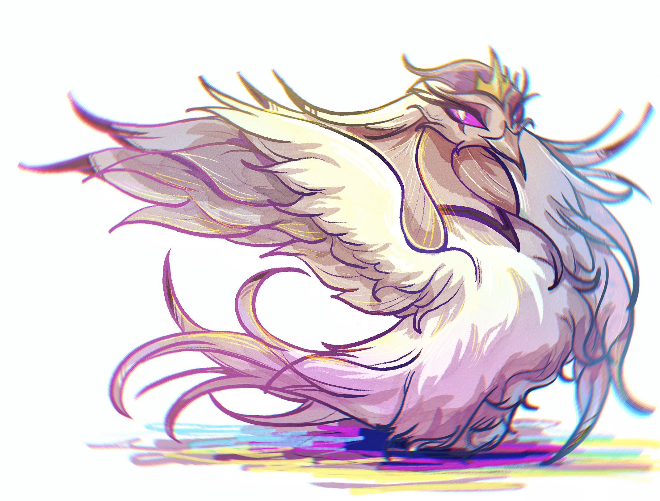 stella (helluva boss), hellaverse, helluva boss, chinese commentary, commentary request, highres, animal, animal focus, animalization, beak, bird, chromatic aberration, colored sclera, facial mark, feathers, film grain, gold tiara, looking at viewer, no humans, pink sclera, simple background, solo, tkotu, tsurime, white background, white bird, white eyes