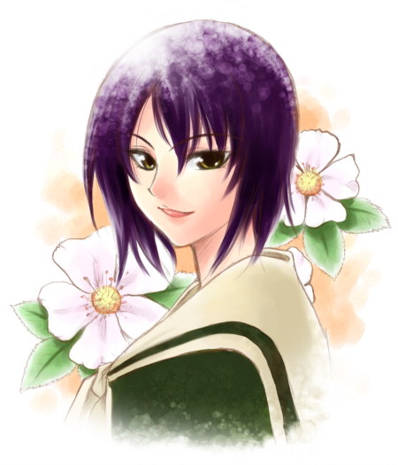 kanina shizuka, maria-sama ga miteru, 00s, 1girl, brown eyes, female focus, flower, purple hair, short hair, simple background, solo, white background
