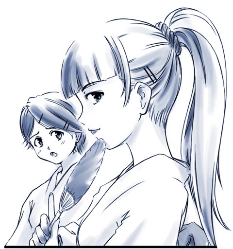 tsukiyama minako, yamaguchi mami, maria-sama ga miteru, 00s, 2girls, blue theme, hair ornament, hairclip, hairpin, hand fan, japanese clothes, kimono, monochrome, multiple girls, paper fan, uchiwa, yukata
