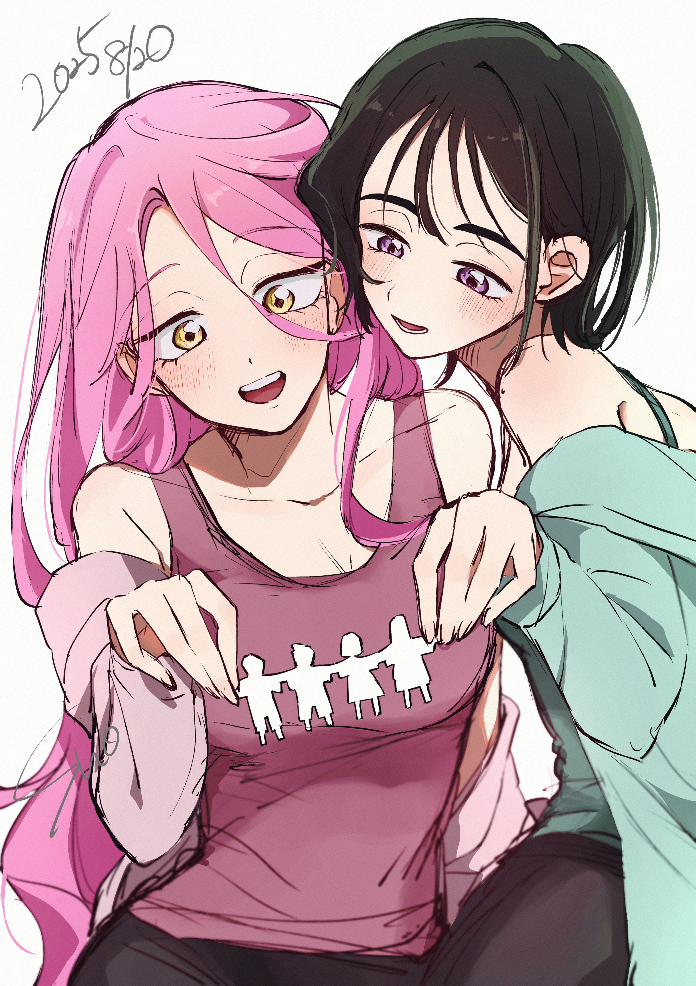 sho (shoootaya), mizi (alien stage), sua (alien stage), alien stage, absurdres, commentary, english commentary, highres, 2girls, aqua jacket, birthday, black hair, breasts, dated, holding, jacket, long hair, multiple girls, open mouth, paper doll, paper doll chain, pink hair, pink tank top, purple eyes, short hair, smile, tank top, very long hair, yellow eyes