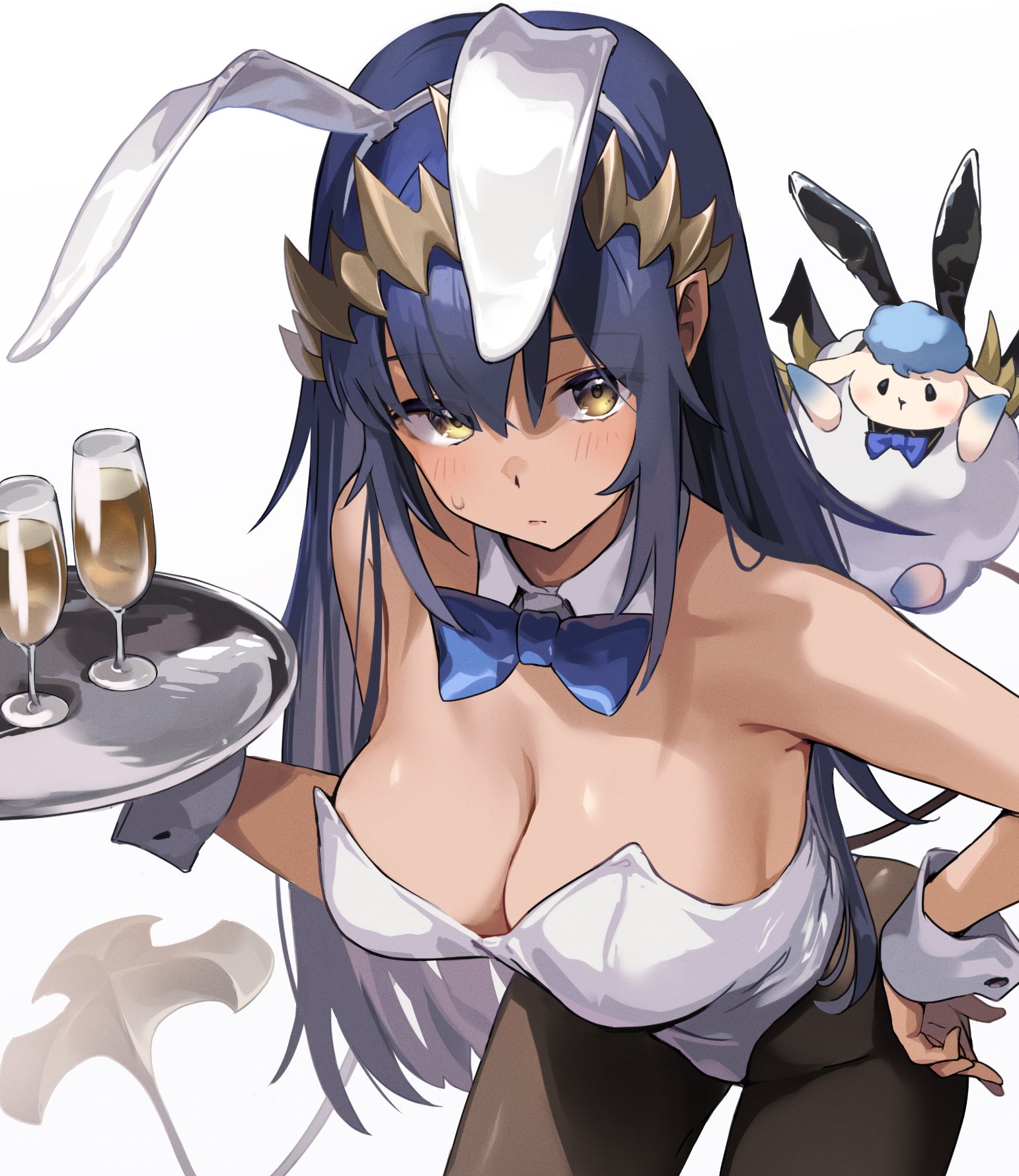 te ga tsumetai, shimamura charlotte, honey strap, nanashi inc., highres, 1girl, animal ears, bare shoulders, blue hair, bow, bowtie, breasts, cleavage, demon girl, demon horns, demon tail, detached collar, fake animal ears, hand on own hip, holding, holding tray, horns, large breasts, leotard, long hair, looking at viewer, pantyhose, playboy bunny, pointy ears, rabbit ears, solo, strapless, strapless leotard, tail, tray, virtual youtuber, wrist cuffs, yellow eyes