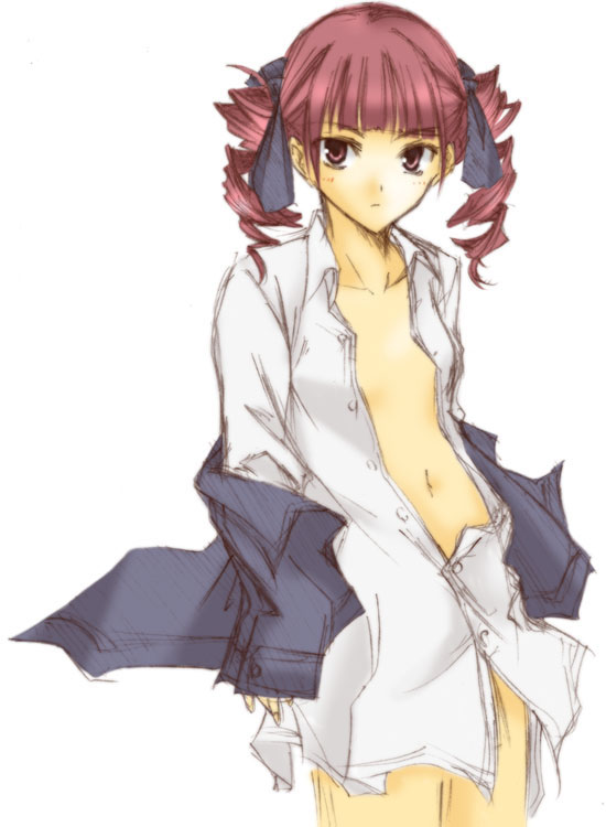 matsudaira touko, maria-sama ga miteru, 00s, 1girl, brown eyes, brown hair, dress shirt, drill hair, female focus, hair ribbon, navel, no bra, open clothes, open shirt, ribbon, shirt, solo, twin drills