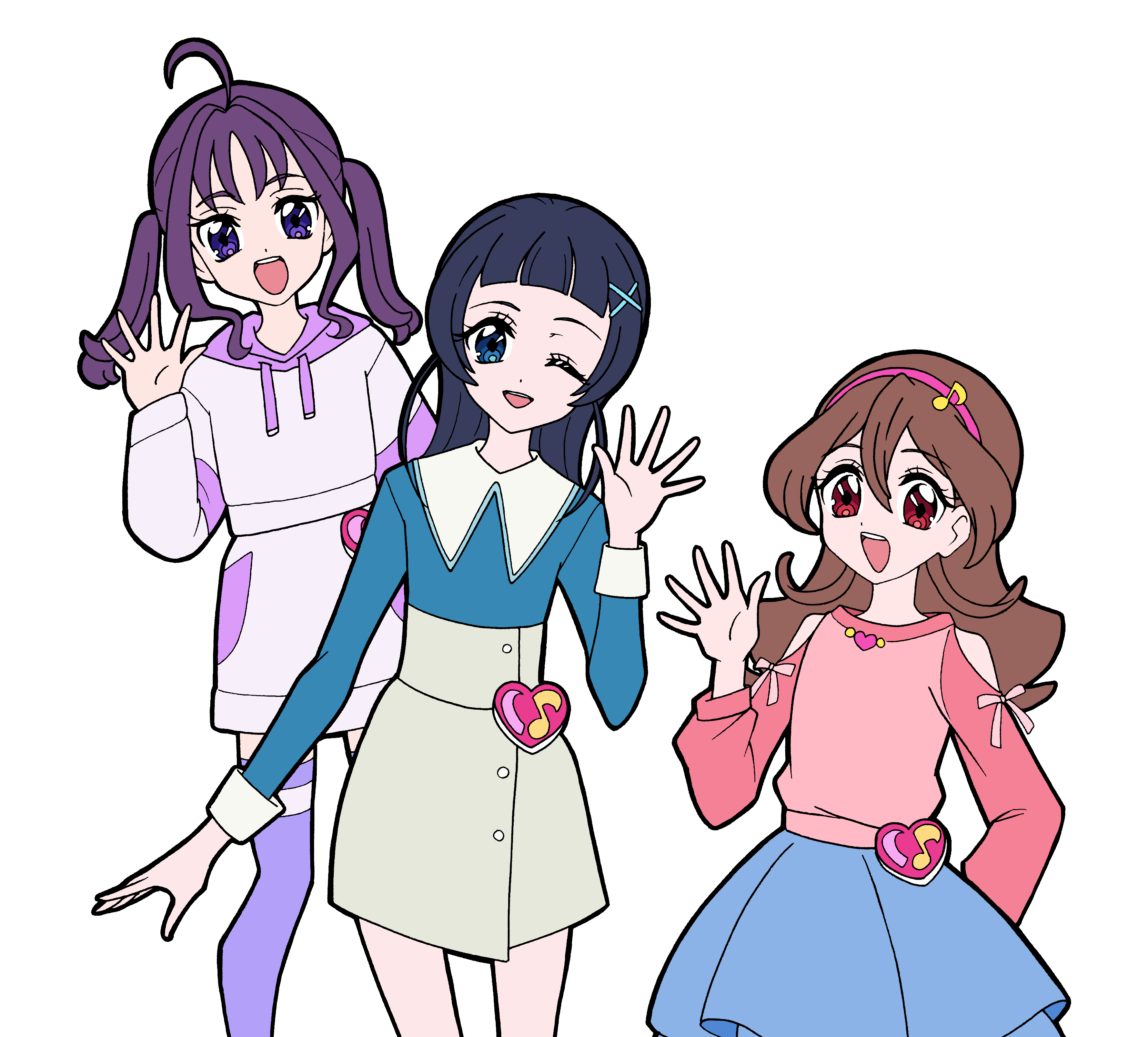 masami 01st, aokaze nana, sakura uta (precure), shigure kokoro, kimi to idol precure, precure, absurdres, commentary, highres, 3girls, :d, ;d, ahoge, arm behind back, bare legs, bare shoulders, blue eyes, blue hair, blue shirt, blue skirt, brooch, brown hair, clenched hands, closed mouth, clothing cutout, collarbone, collared shirt, contrast collar, cowboy shot, dot nose, double-parted bangs, drawstring, eighth note, fortissimo, front-to-back, grey skirt, hair between eyes, hair bun, hair intakes, hair ornament, hairband, hand on own hip, hand up, hands on another's waist, head tilt, heart, heart brooch, high-waist skirt, hood, hood down, hoodie, idol heart brooch, jewelry, long hair, long sleeves, looking at viewer, medium hair, multiple girls, musical note, musical note hair ornament, one eye closed, open hand, open mouth, outstretched arms, pink hairband, pink shirt, purple eyes, purple hair, purple hoodie, purple skirt, purple thighhighs, red eyes, shirt, shoulder cutout, simple background, single hair bun, skirt, sleeve cuffs, smile, spread fingers, teeth, thighhighs, twintails, upper body, upper teeth only, waving, white background, white sleeve cuffs, x hair ornament, zettai ryouiki