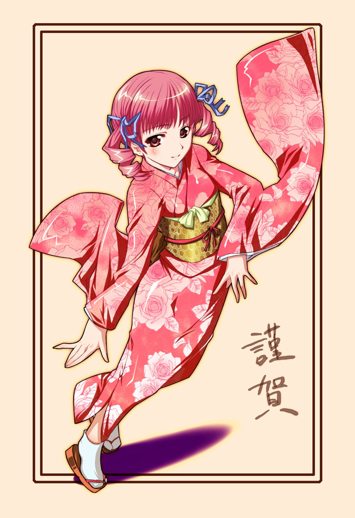 kantaka, matsudaira touko, maria-sama ga miteru, tagme, 00s, japanese clothes, kimono, pink background, simple background, solo