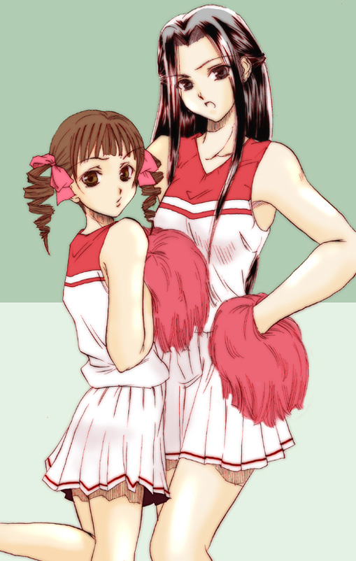 hosokawa kanako, matsudaira touko, maria-sama ga miteru, 00s, 2girls, alternate costume, black hair, brown hair, cheerleader, collarbone, drill hair, hair ribbon, hand on own hip, height difference, legs, long hair, looking at viewer, multiple girls, open mouth, pleated skirt, pom pom (cheerleading), ribbon, short hair, skirt, standing, standing on one leg, twintails, very long hair