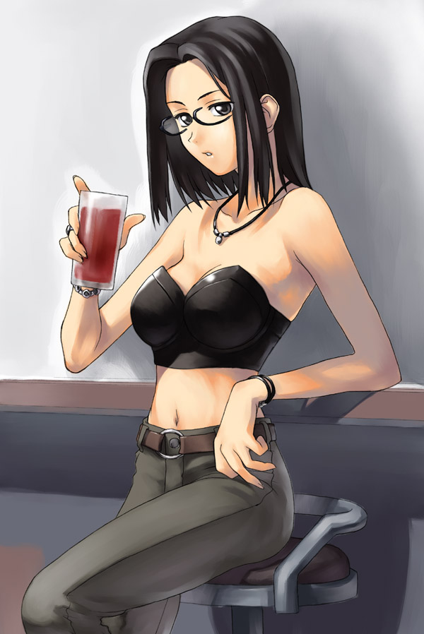 tanaka shoutarou, katou kei, maria-sama ga miteru, 00s, 1girl, arm support, bar stool, bare shoulders, belt, black-framed eyewear, black hair, bracelet, breasts, bustier, cleavage, cup, denim, drink, drinking glass, female focus, from side, glass, glasses, goth fashion, grey eyes, highball glass, holding, holding cup, holding drinking glass, indoors, jeans, jewelry, leaning, looking at viewer, medium breasts, midriff, navel, necklace, pants, parted lips, ring, short hair, sitting, solo, stool, strapless, tube top