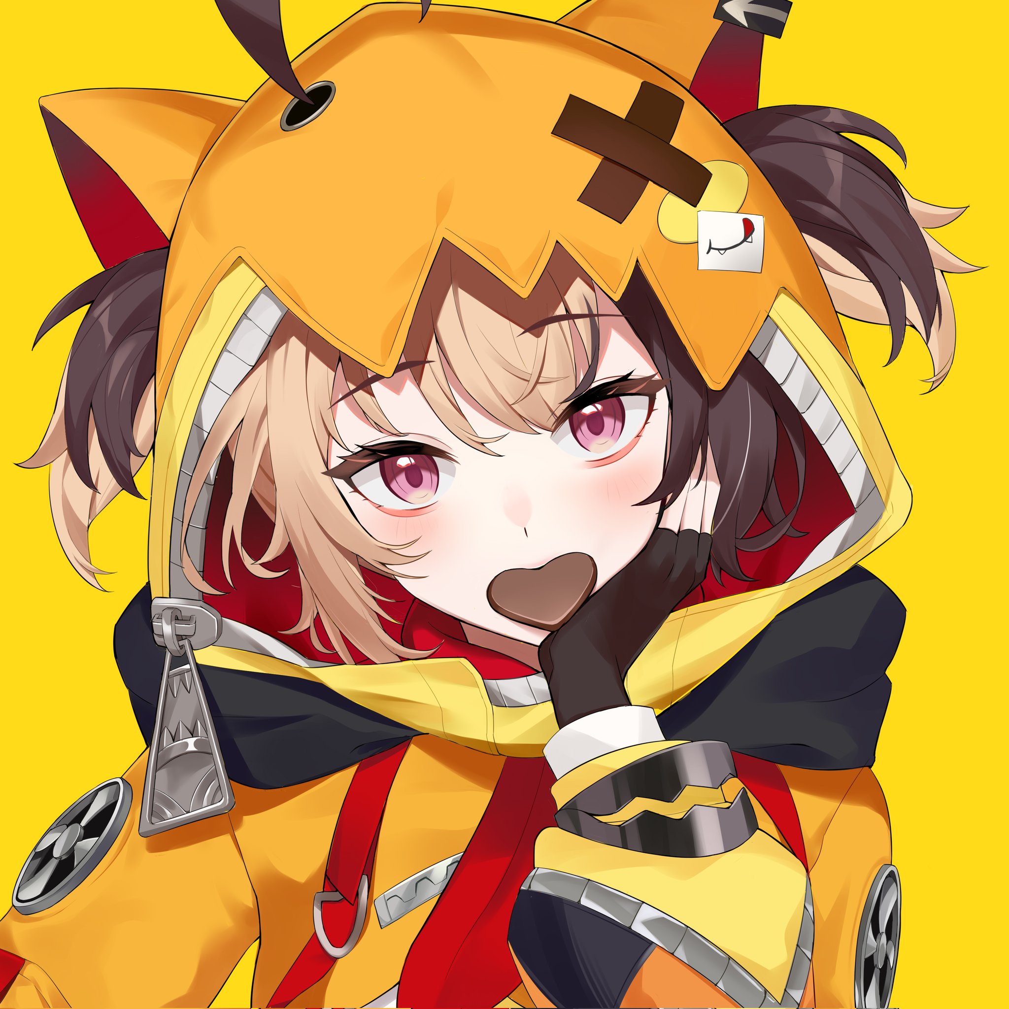 gigi murin, gigi murin (1st costume), hololive, hololive english, commentary, highres, symbol-only commentary, 1girl, ahoge, animal ear hood, black gloves, black hoodie, blonde hair, blush, brown hair, candy, chocolate, chocolate heart, fake animal ears, fingerless gloves, food, gloves, hair through hood, hand on own chin, head rest, heart, heart-shaped food, hood, hood up, hoodie, huge ahoge, looking at viewer, medium hair, mouth hold, multicolored hair, multicolored hoodie, nanyezi, orange hoodie, pink eyes, simple background, solo, twintails, two-tone hair, upper body, virtual youtuber, yellow background, yellow hoodie, zipper, zipper pull tab