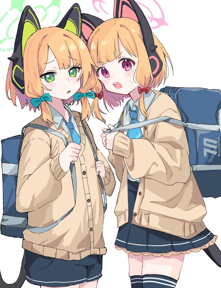 youbi (0ver sd), midori (blue archive), momoi (blue archive), blue archive, commentary, 2girls, animal ear headphones, animal ears, backpack, bag, black shorts, black skirt, black tail, blonde hair, blue bag, blue necktie, blunt bangs, blush, bow, brown cardigan, buttons, cardigan, cat ear headphones, cat ears, cat tail, collared shirt, cowboy shot, fake animal ears, fake tail, frilled skirt, frills, green bow, green eyes, green halo, hair bow, halo, headphones, long sleeves, looking at viewer, low-tied sidelocks, millennium science school logo, multiple girls, necktie, open cardigan, open clothes, open mouth, parted bangs, parted lips, pink eyes, pink halo, pleated skirt, puffy long sleeves, puffy sleeves, red bow, school uniform, shirt, short hair, shorts, siblings, sidelocks, simple background, sisters, skirt, standing, strap pull, sweatdrop, tail, teeth, twins, upper teeth only, v-shaped eyebrows, white background, white shirt, wing collar