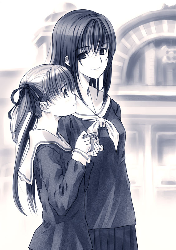 refeia, fukuzawa yumi, ogasawara sachiko, maria-sama ga miteru, 00s, 2girls, blue theme, camera, monochrome, multiple girls, pleated skirt, school uniform, serafuku, skirt