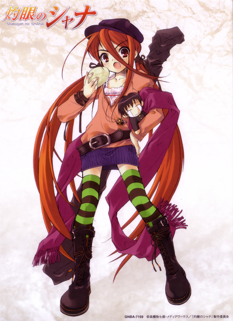 ito noizi, alastor (shakugan no shana), sakai yuuji, shana, shakugan no shana, 00s, 1girl, belt, boots, bread, buckle, chibi, female focus, food, fringe trim, hat, jewelry, long hair, melon bread, newsboy cap, patterned legwear, pendant, red hair, scarf, skirt, solo, striped clothes, striped thighhighs, tears, thighhighs, twintails, two-tone stripes, very long hair