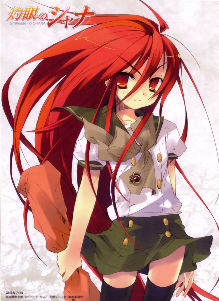 ito noizi, alastor (shakugan no shana), shana, shakugan no shana, scan, 00s, 1girl, black thighhighs, female focus, jewelry, long hair, pendant, red eyes, red hair, school uniform, solo, thighhighs, very long hair