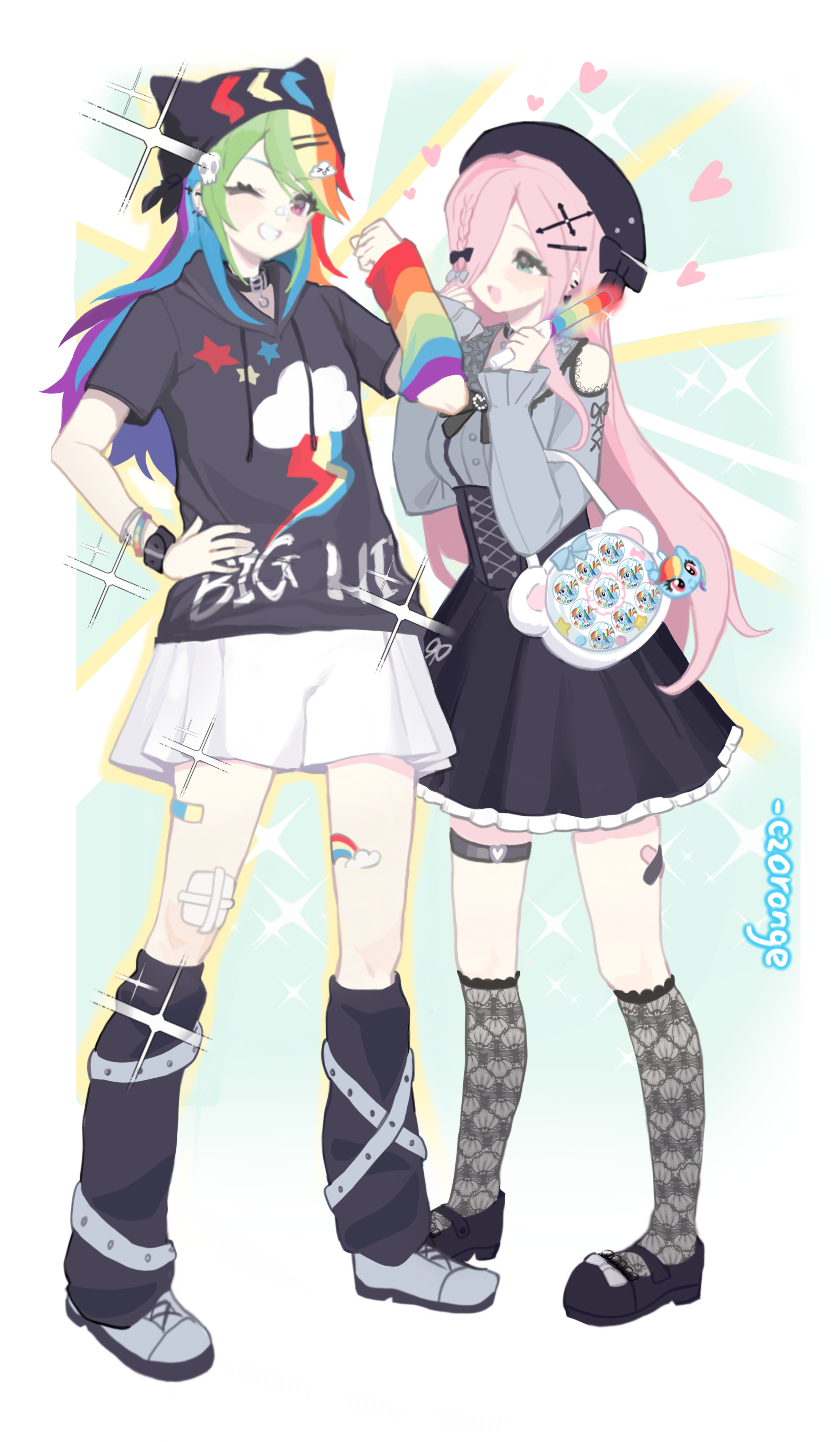 chengzi82020, fluttershy, rainbow dash, my little pony, my little pony: friendship is magic, absurdres, chinese commentary, commentary request, highres, 2girls, :d, ;d, alternate skin color, animal hat, artist name, bag, bandaid, bandaid on face, bandaid on nose, bandaid on thigh, beanie, black bow, black bowtie, black hat, black hoodie, black ribbon, black shoes, black skirt, black socks, blonde hair, blue hair, border, borrowed design, bow, bowtie, bracelet, braid, breasts, buttons, cat hat, clenched hand, clothes writing, clothing cutout, collared shirt, cross-laced clothes, cross-laced skirt, cross-laced sleeves, cross hair ornament, crossed bandaids, cutie mark, ear piercing, earrings, elbow carry, english text, footwear bow, frilled shirt collar, frilled skirt, frilled sleeves, frilled socks, frills, from below, full body, gauze on knee, green background, green hair, grey bow, grey shirt, grey shoes, grin, hair bow, hair ornament, hair over one eye, hand on own hip, hand up, handbag, hands up, hat, hat bow, heart, heart earrings, high-waist skirt, holding lightstick, hood, hood down, hoodie, itabag, jewelry, kneehighs, lace, lace-trimmed shirt, lace socks, lace trim, legs apart, long hair, long sleeves, looking at another, looking at viewer, loose socks, mary janes, miniskirt, multicolored hair, multiple girls, one eye closed, one eye covered, open mouth, orange hair, oshi-katsu, outside border, pale skin, personification, piercing, pink hair, pleated skirt, punk, purple hair, rainbow hair, raised eyebrows, red hair, ribbon, ribbon-trimmed sleeves, ribbon trim, shirt, shoes, short sleeves, shoulder cutout, sidelocks, simple background, single braid, skirt, skull hair ornament, small breasts, smile, socks, sparkle, standing, star (symbol), star print, streaked hair, swept bangs, thigh strap, tongue, v-shaped eyebrows, very long hair, white bag, white border, white skirt