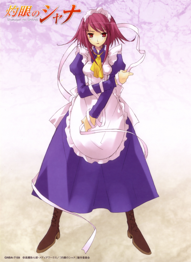 ito noizi, wilhelmina carmel, shakugan no shana, scan, 00s, 1girl, apron, blue dress, copyright name, dress, female focus, frills, maid, maid apron, maid headdress, neckerchief, purple hair, red eyes, ribbon, short hair, solo, standing