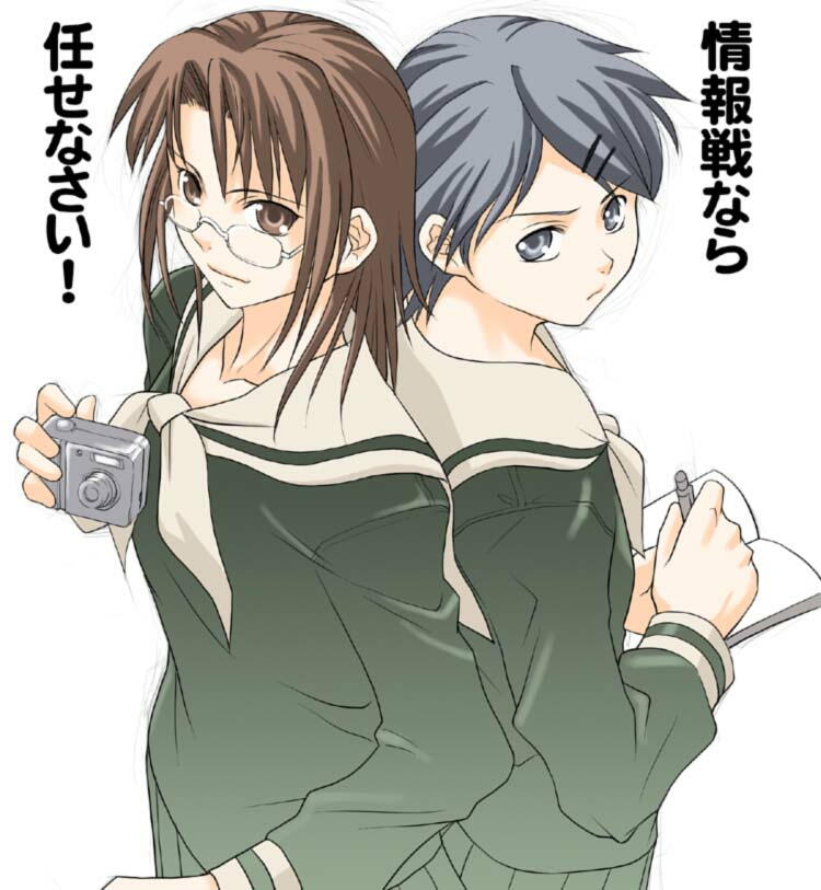 takeshima tsutako, yamaguchi mami, maria-sama ga miteru, 00s, 2girls, back-to-back, black hair, brown eyes, brown hair, camera, glasses, grey eyes, grin, hair ornament, hairclip, looking at viewer, multiple girls, notebook, pen, school uniform, serafuku, serious, short hair, simple background, smile