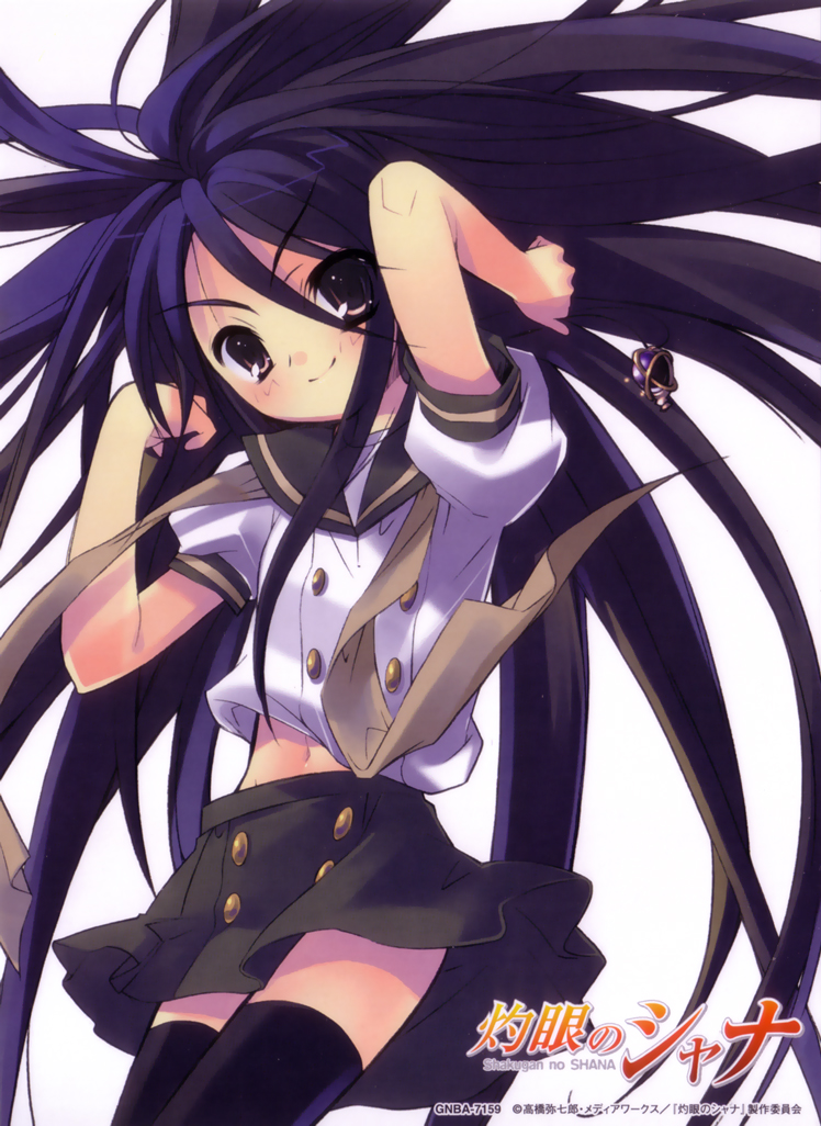 ito noizi, alastor (shakugan no shana), shana, shakugan no shana, 00s, 1girl, black hair, black thighhighs, female focus, jewelry, long hair, midriff, navel, pendant, school uniform, serafuku, solo, thighhighs, very long hair, zettai ryouiki