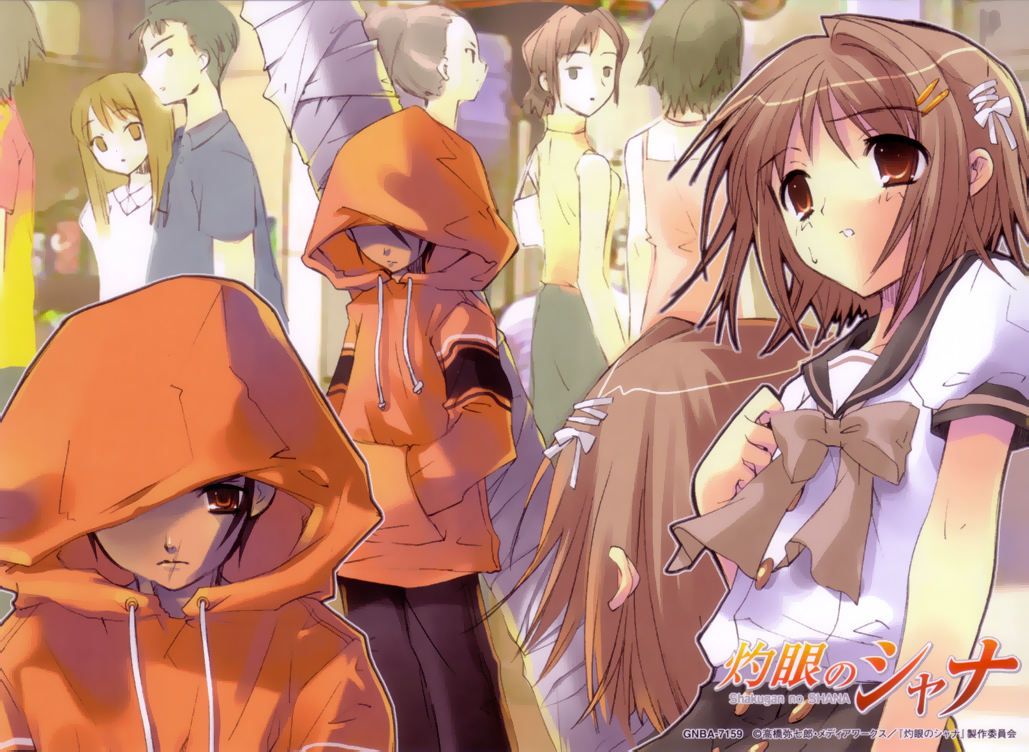 ito noizi, khamsin nbh'w, yoshida kazumi, shakugan no shana, 00s, 2girls, bow, brown eyes, brown hair, hair ornament, hairclip, hands in pocket, hood, hoodie, multiple girls, red eyes, school uniform, serafuku, short hair