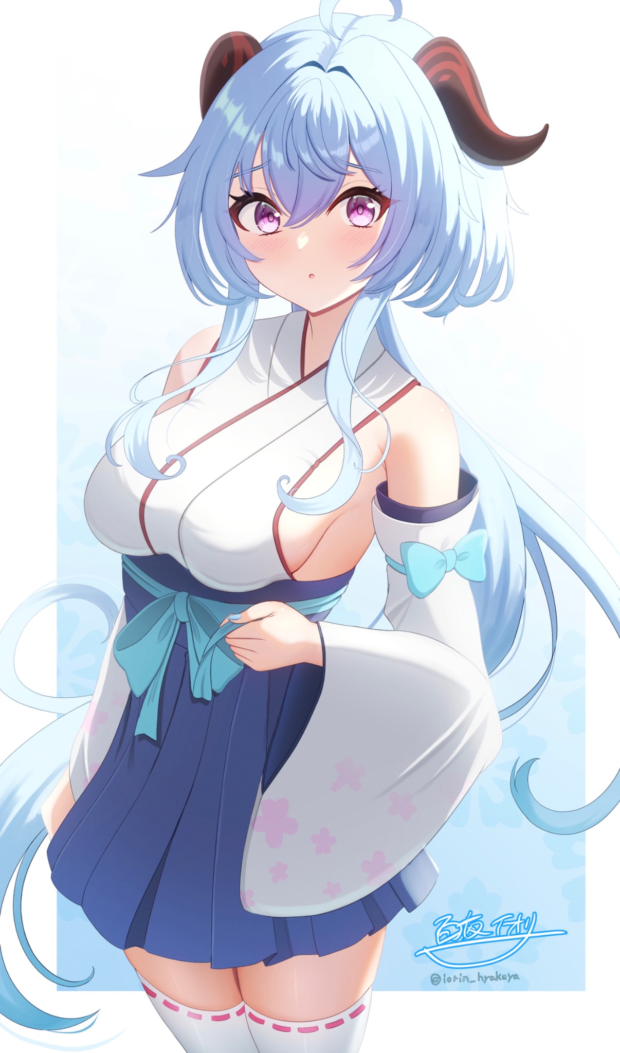 hyakuya iori, ganyu (genshin impact), genshin impact, commentary request, highres, 1girl, alternate costume, bare shoulders, blue bow, blue hair, blue skirt, blush, bow, breasts, detached sleeves, goat horns, hair between eyes, high-waist skirt, horns, japanese clothes, kimono, long hair, long sleeves, looking at viewer, purple eyes, sideboob, signature, skirt, sleeveless, sleeveless kimono, solo, thighhighs, twitter username, very long hair, white kimono, white sleeves, white thighhighs