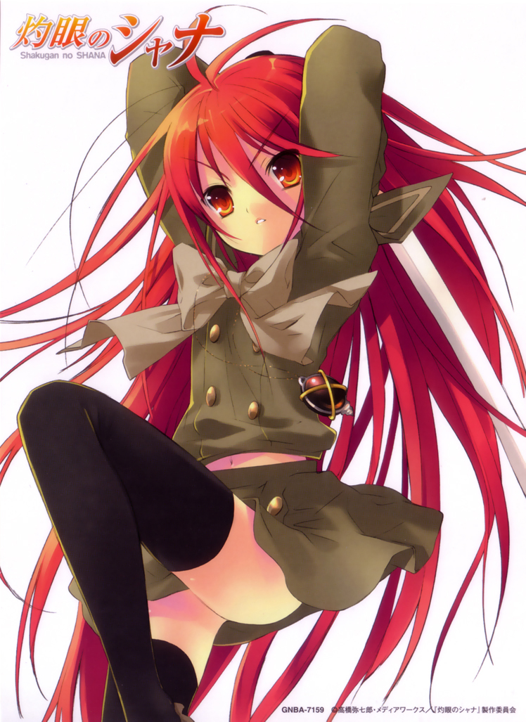 ito noizi, alastor (shakugan no shana), shana, shakugan no shana, 00s, 1girl, bow, female focus, jewelry, long hair, midriff, navel, pendant, red eyes, red hair, school uniform, solo, sword, thighhighs, very long hair, weapon