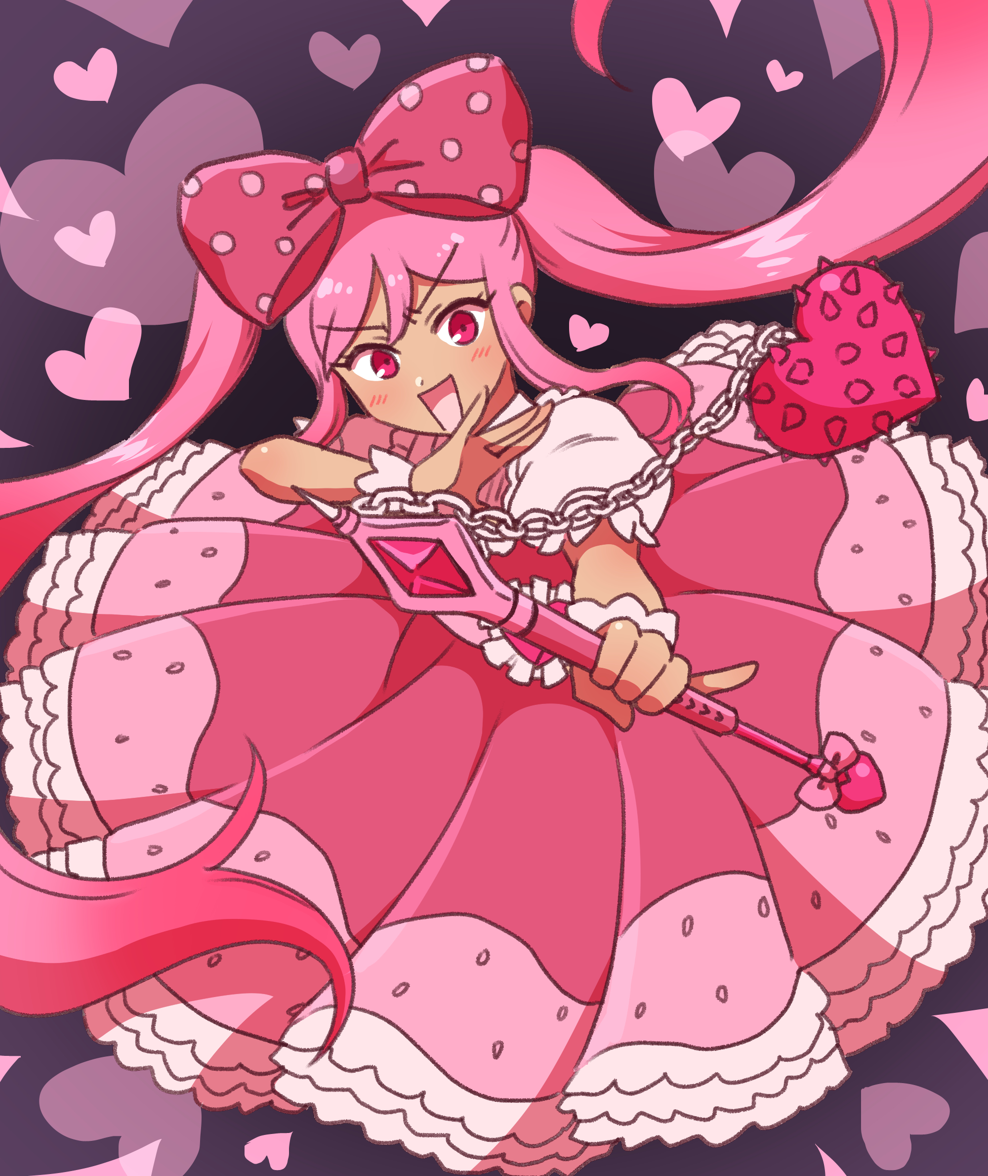 ichi (ichiyarou), sweetheart (omori), omori, commentary request, highres, 1girl, :d, black background, blush, bow, chain, dark-skinned female, dark skin, double-parted bangs, dress, floating hair, foreshortening, frilled sleeves, frilled wrist cuffs, frills, from above, full body, hair between eyes, hair bow, heart, heart background, holding flail, long dress, long hair, looking at viewer, ojou-sama pose, open mouth, petticoat, pink bow, pink dress, pink eyes, pink hair, pinky out, polka dot, polka dot bow, puffy short sleeves, puffy sleeves, reaching, reaching towards viewer, shirt, short sleeves, sidelocks, simple background, sleeveless, sleeveless dress, smile, solo, standing, tongue, twintails, v-shaped eyebrows, very long hair, white shirt, white wrist cuffs, wrist cuffs