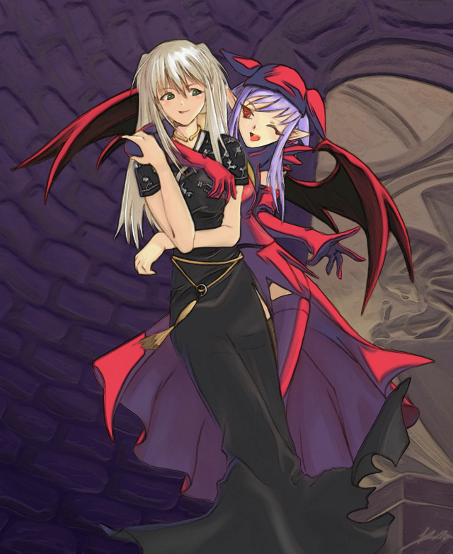 nao (mabinogi), succubus (mabinogi), mabinogi, silver hair, 2girls, dress, gloves, hair between eyes, multiple girls, purple hair, smile, wings