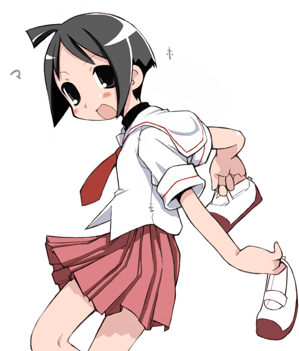 saxyun, katagiri himeko, maho, pani poni dash!, 00s, 1girl, ahoge, black eyes, black hair, blush stickers, female focus, holding, holding shoes, holding unworn clothes, looking at viewer, necktie, pleated skirt, red necktie, red skirt, school uniform, serafuku, shoes, short hair, short sleeves, simple background, skirt, smile, solo, unworn shoes, uwabaki, white background
