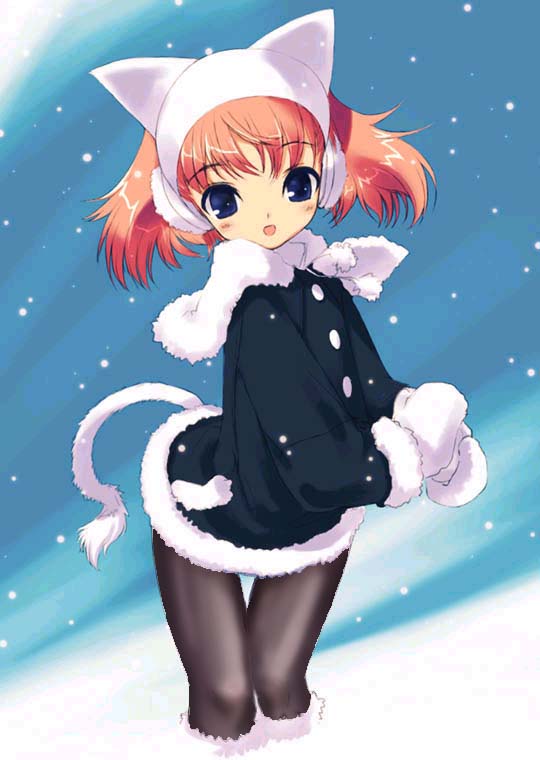 kawata hisashi, original, 1girl, animal ears, black pantyhose, blue eyes, blush, cat ears, earmuffs, female focus, jacket, mittens, orange hair, pantyhose, short hair, snow, snowing, solo, white mittens