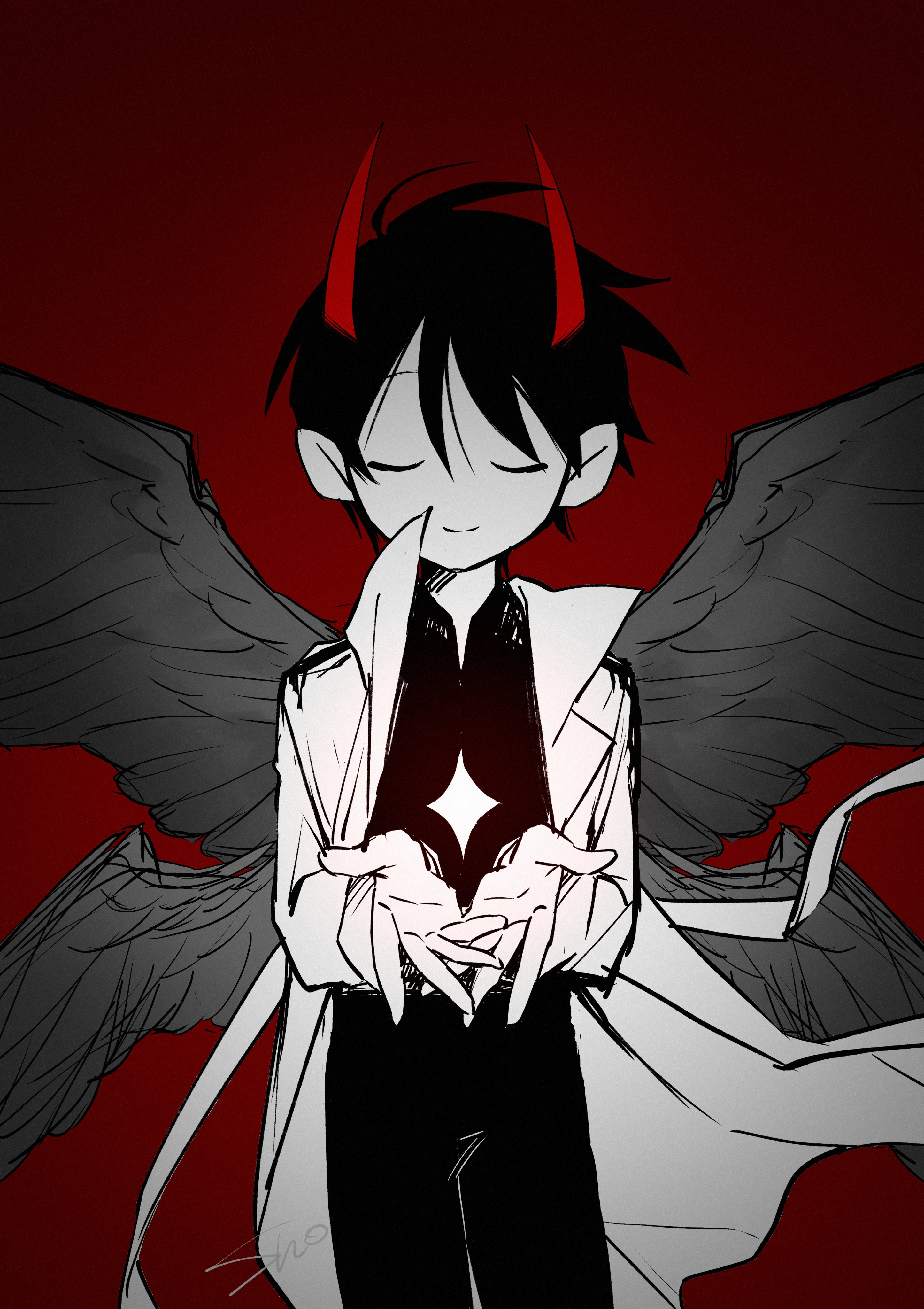 sho (shoootaya), kim dokja, omniscient reader's viewpoint, absurdres, highres, 1boy, closed eyes, coat, cowboy shot, cupping hands, feathered wings, greyscale with colored background, horns, male focus, multiple wings, own hands together, red background, red horns, short hair, signature, solo, very short hair, wings