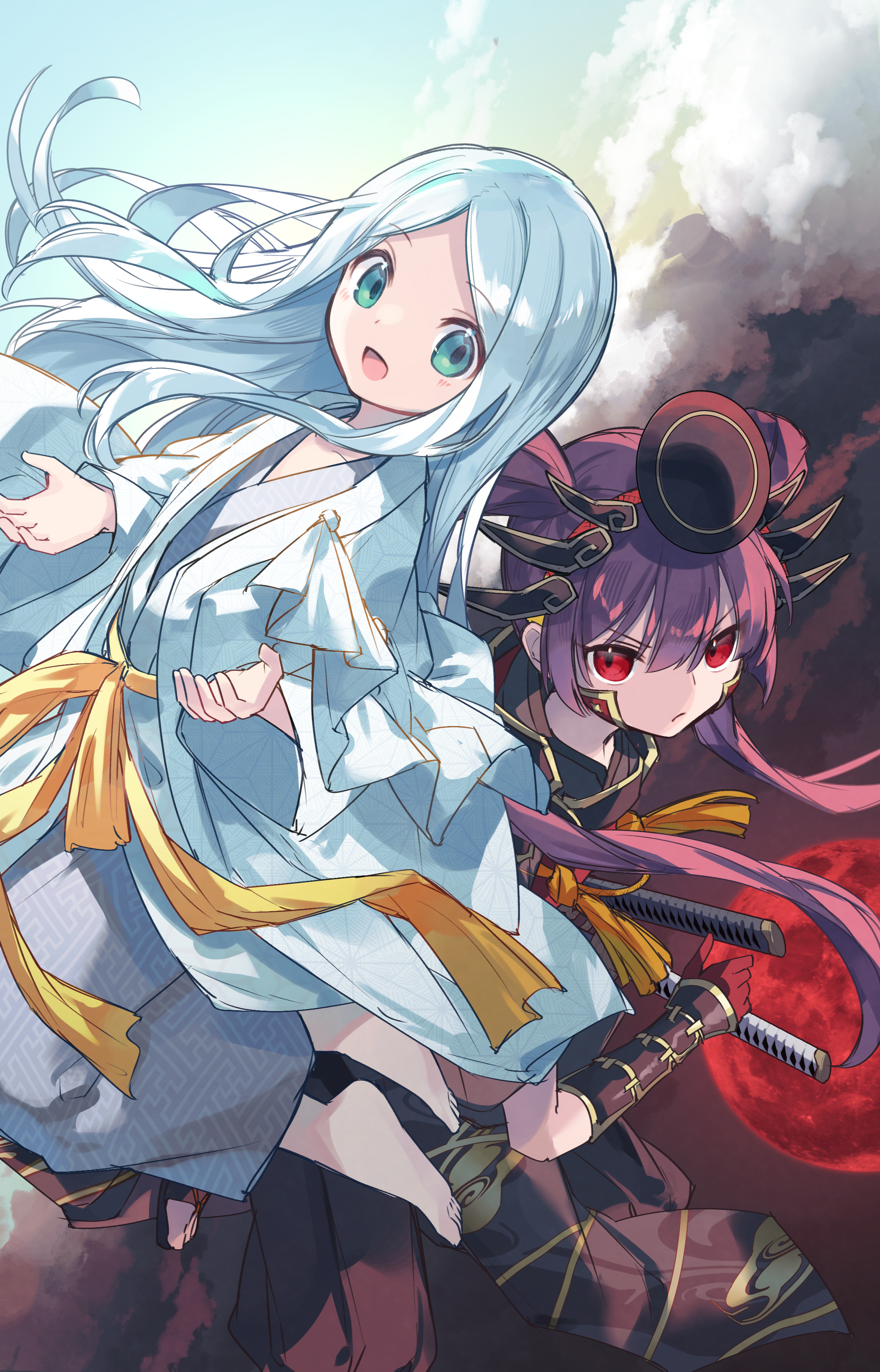 kuuron (moesann17), amaterasu (p&d), yomi (p&d), puzzle & dragons, absurdres, highres, 2girls, aqua eyes, aqua hair, barefoot, hakama, headdress, headpiece, japanese clothes, kimono, moon, multiple girls, open mouth, purple hair, red eyes, red moon, saishi, twintails