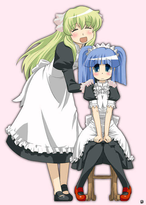 nagian, media (pani poni), suzuki sayaka, pani poni dash!, black legwear, 00s, 2girls, aqua eyes, blonde hair, blue hair, blush, bow, chair, closed eyes, dress, gloves, hair ribbon, happy, hug, leaning forward, long hair, maid, maid headdress, multiple girls, open mouth, pantyhose, ribbon, shoes, short hair, short twintails, sitting, turtleneck, twintails