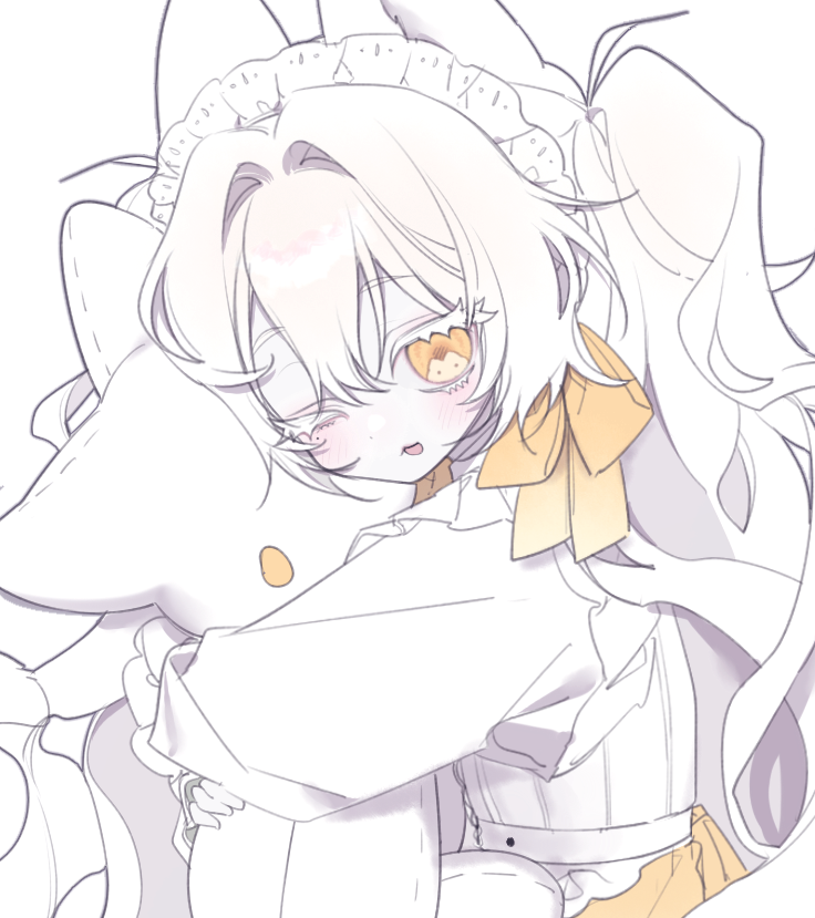 collared, 1girl, blush, bluv d, bow, hair between eyes, long hair, long sleeves, one eye closed, parted lips, pillow, shirt, simple background, sleeves past wrists, solo, spot color, twintails, very long hair, white background