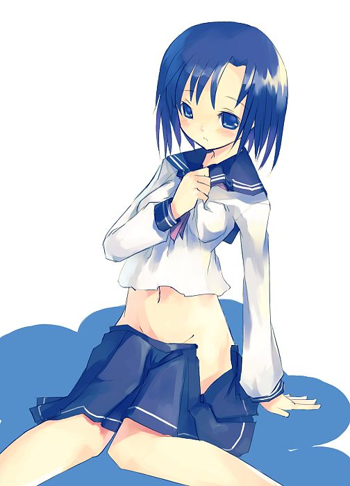 mikage sekizai, 1girl, blue eyes, blue hair, female focus, matching hair/eyes, midriff, navel, no panties, pleated skirt, ribbon, school uniform, serafuku, skirt, solo