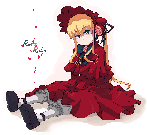 rkrk, shinku, rozen maiden, 00s, 1girl, black shoes, blonde hair, bonnet, female focus, full body, hair between eyes, petals, ponytail, shoes, simple background, sitting, solo, white background