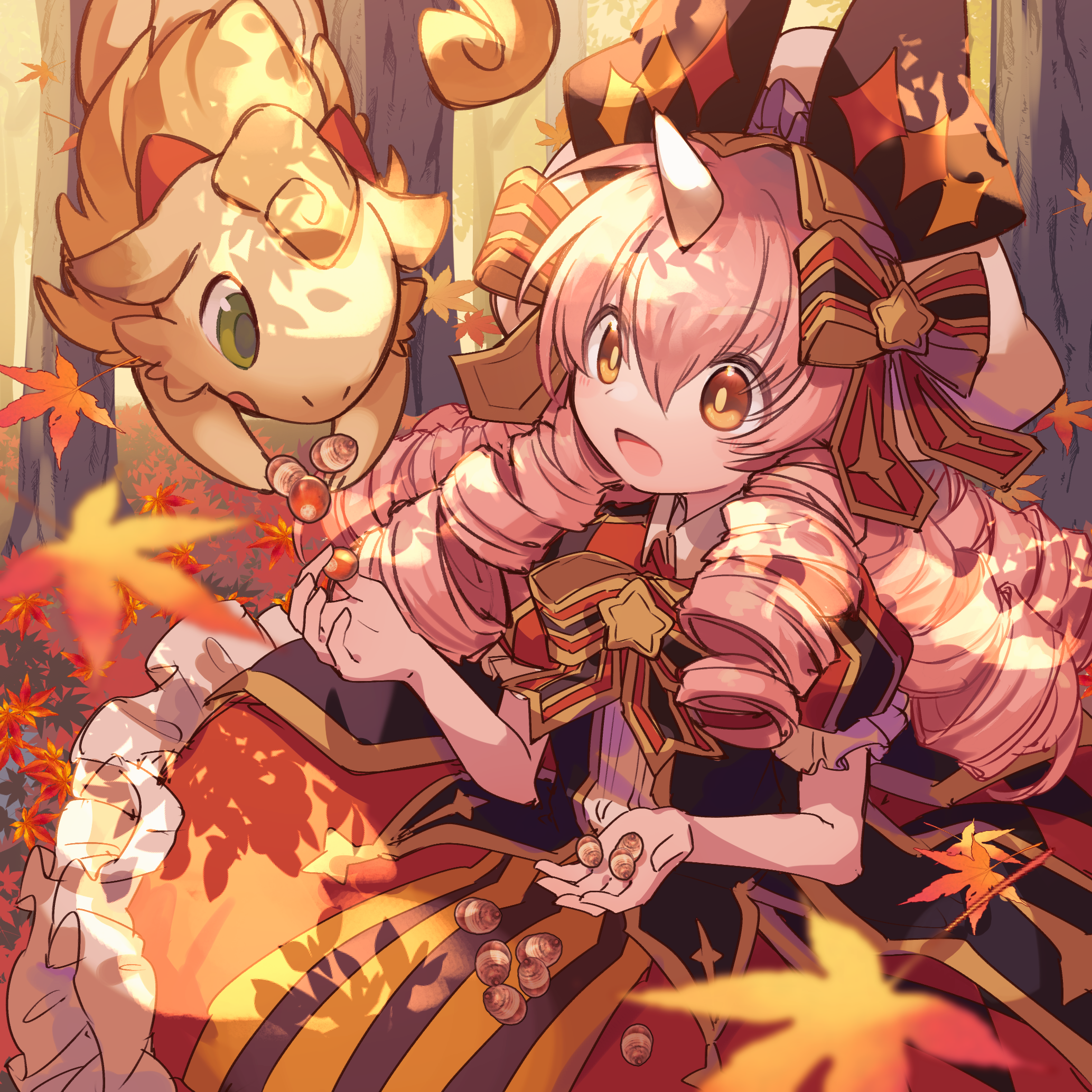 kuuron (moesann17), cotton (p&d), puzzle & dragons, highres, 1girl, acorn, autumn leaves, bow, brown eyes, dress, drill hair, frills, hair bow, hat, horns, leaf, long hair, open mouth, pink hair, puffy sleeves, short sleeves, single horn, solo