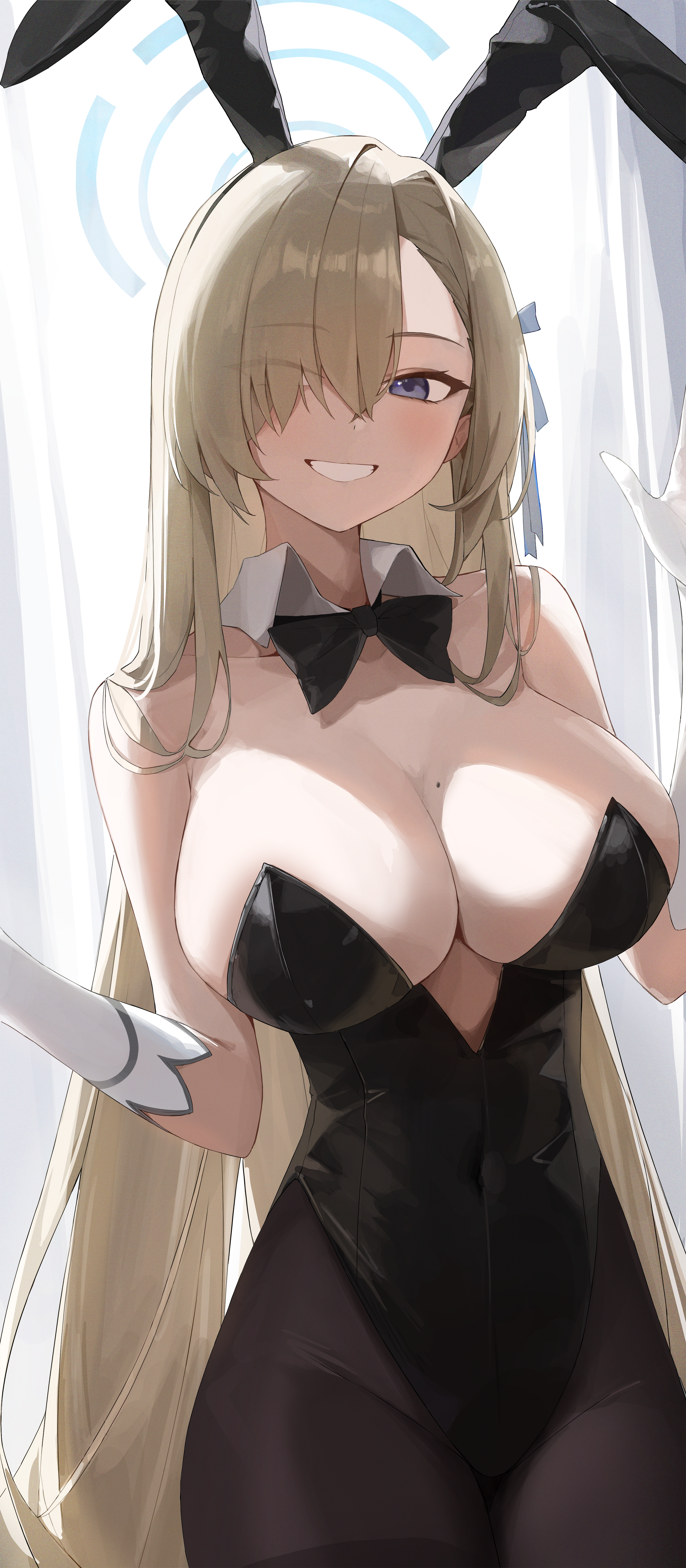 kennyupa, asuna (blue archive), asuna (bunny) (blue archive), blue archive, absurdres, commentary, highres, symbol-only commentary, 1girl, alternate color, animal ear hairband, animal ears, black bow, black bowtie, black leotard, black pantyhose, blonde hair, blue eyes, blue halo, blue ribbon, bow, bowtie, breasts, cowboy shot, detached collar, fake animal ears, gloves, grin, hair over one eye, hair ribbon, hairband, halo, highleg, highleg leotard, huge breasts, leotard, long hair, looking at viewer, mole, mole on breast, pantyhose, playboy bunny, rabbit ear hairband, rabbit ears, ribbon, smile, solo, standing, strapless, strapless leotard, teeth, thighband pantyhose, very long hair, white gloves