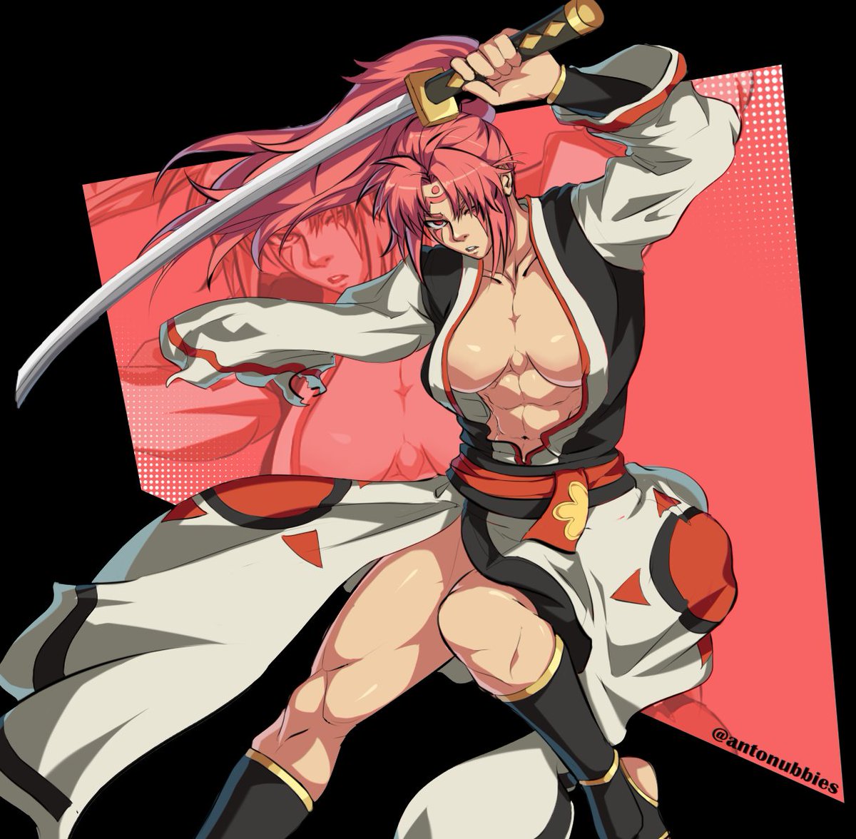 antonubbies, baiken, guilty gear, guilty gear xx, 1girl, abs, amputee, black kimono, breasts, cleavage, facial tattoo, japanese clothes, katana, kimono, large breasts, long hair, multicolored kimono, muscular, muscular female, one-eyed, open clothes, open kimono, pink hair, ponytail, red eyes, samurai, scar, scar across eye, scar on face, solo, sword, tattoo, torn sleeve, weapon