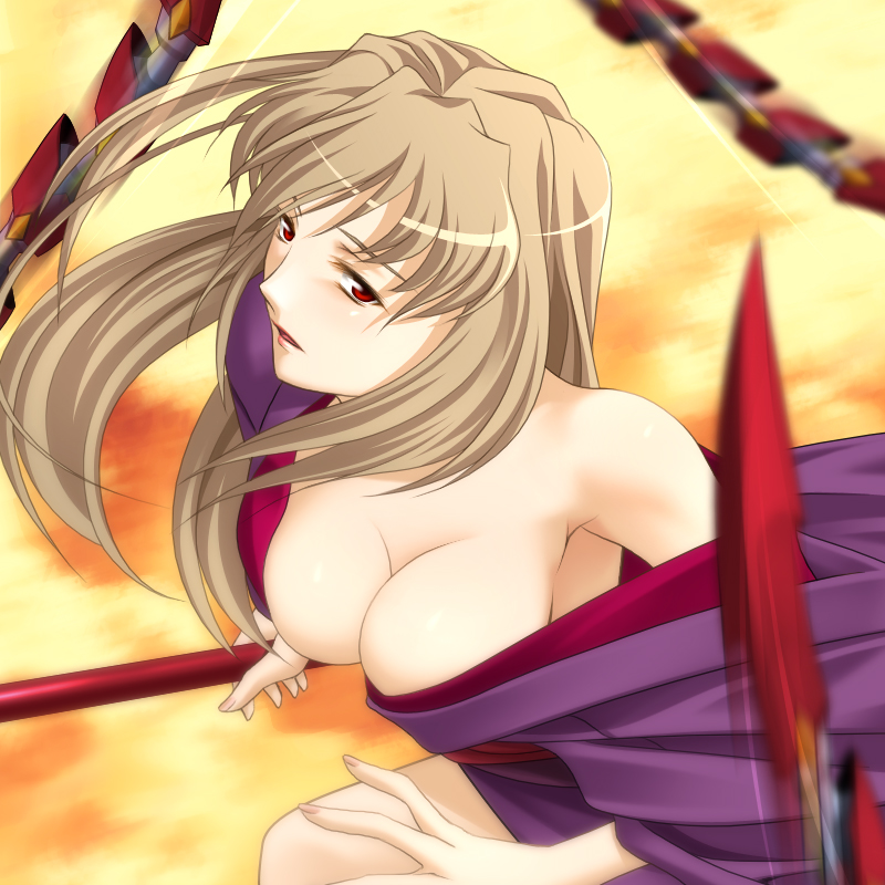 aizawa kotarou, half pixels carving, fujino shizuru, my-hime, 00s, 1girl, breasts, brown hair, cleavage, female focus, fingernails, holding, holding weapon, japanese clothes, kimono, long hair, looking at viewer, medium breasts, off shoulder, parted lips, red eyes, solo, weapon