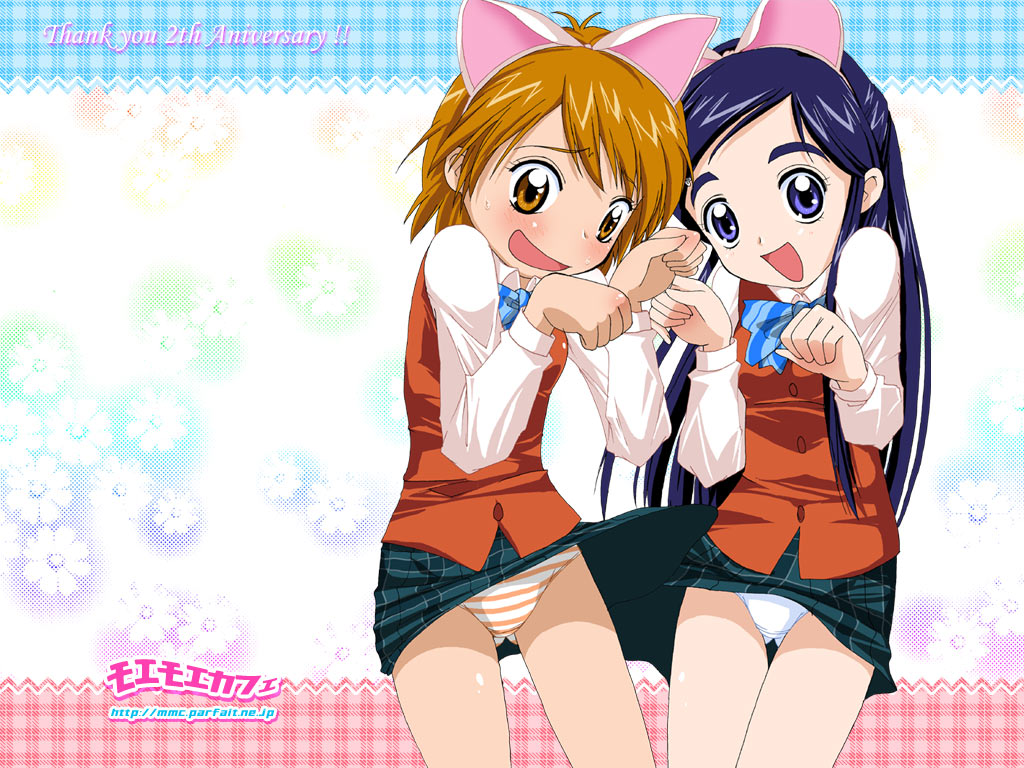 takahashi tetsuya, misumi nagisa, yukishiro honoka, futari wa precure, precure, diagonal stripes, striped neckwear, 00s, 2girls, animal ears, blue bow, blush, bow, bowtie, brown eyes, brown hair, cat ears, clothes lift, dog ears, dress shirt, fake animal ears, loli, long hair, looking at viewer, multiple girls, panties, pantyshot, paw pose, plaid clothes, plaid skirt, purple eyes, purple hair, school uniform, serafuku, shirt, short hair, skirt, skirt lift, standing, striped bow, striped bowtie, striped clothes, striped panties, underwear, vest, watermark, web address