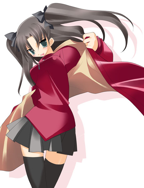 arata toshihira, tohsaka rin, fate/stay night, fate (series), 00s, 1girl, black thighhighs, coat, female focus, parted bangs, simple background, solo, thighhighs, turtleneck, twintails, two side up, white background, zettai ryouiki