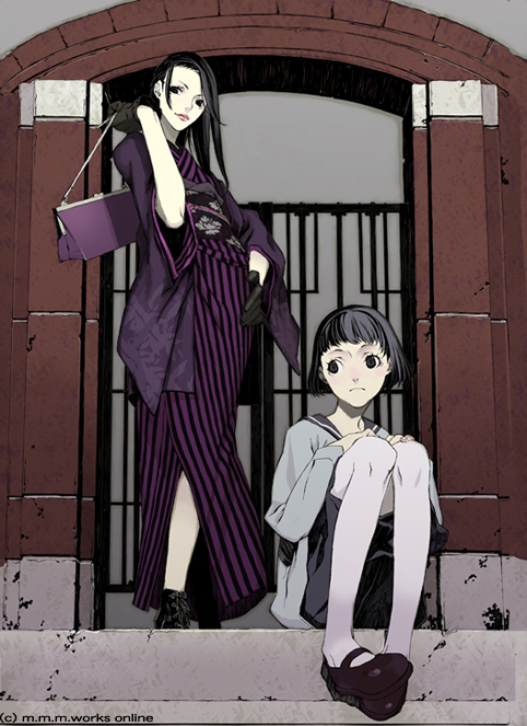 miwa shirow, original, 2girls, bag, black hair, dark, handbag, japanese clothes, kimono, lips, multiple girls, pantyhose, school uniform, serafuku, stairs, striped clothes, striped kimono, white pantyhose